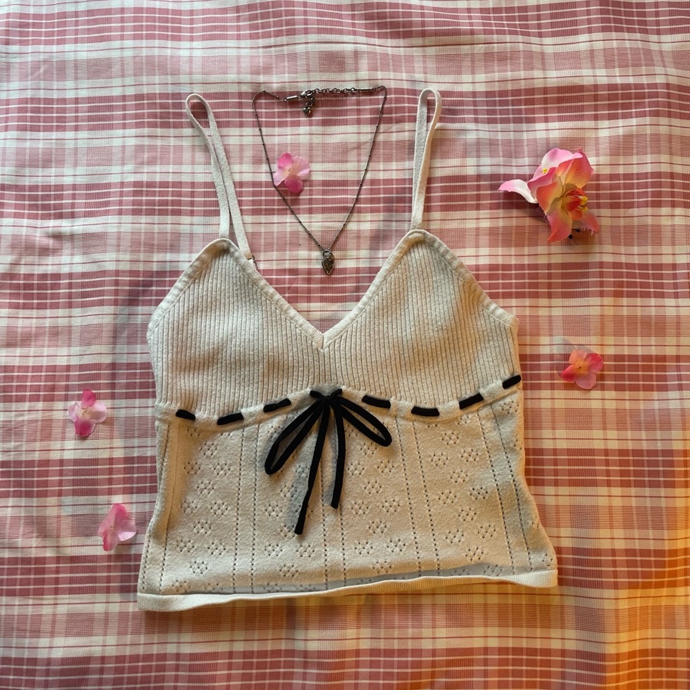NYC Cream Knit Camisole with Black Bow Detail